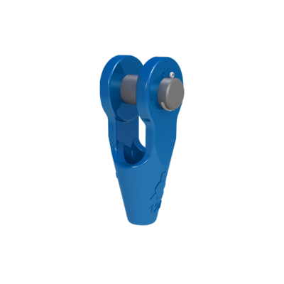 Open spelter socket with pin, to be put on steel wire rope ends.